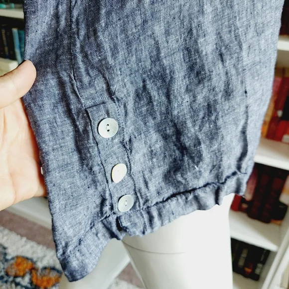 Tahari Blue Relaxed Sleeve Pure Linen Boho V Neck Lagenlook Tunic Blouse P4044 - Picture 4 of 6